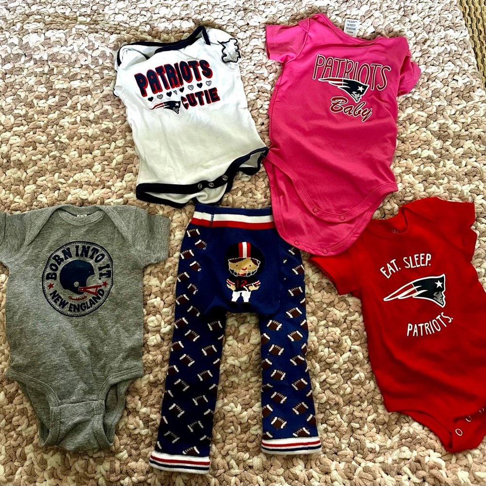 Patriots Baby Lot- Red, Pink, Gray, Blue onesies and leggings size 3-12 months